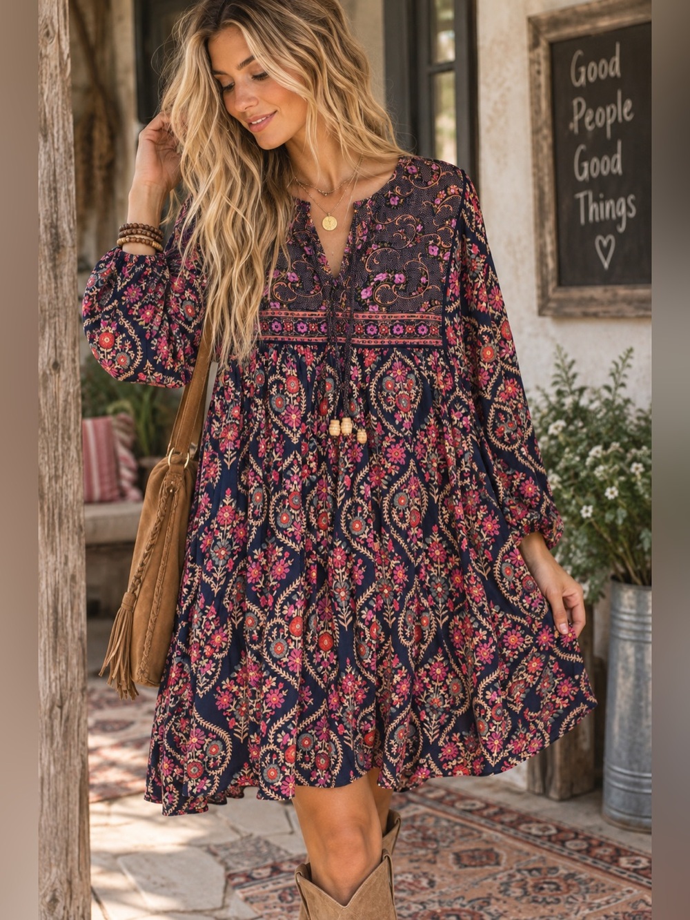 Natural Life Navy Floral Paisley Boho Tunic Dress Size L